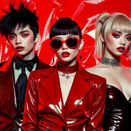 cherry coded ai image of three figures in bold red fashion styling with sunglasses cherry coded red fashion trio sunglasses