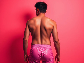 Cute 20 years old guy wearing a pink boxer, seen from behind