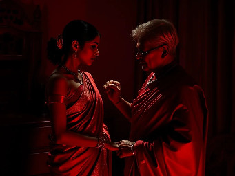 {a dimly lit|a shadow-drenched|a candle-flickering} {bedroom|guest room|private study} where Dheeraj, a {weathered yet alluring|delicate but strong|soft-featured with restless eyes} {45-year-old maid|housemaid in her prime|careworn domestic worker} stands hesitantly near {a mahogany dresser|an antique vanity|a rumpled bed}, her {sari slightly loosened|faded cotton nightgown clinging|work-worn hands trembling} as Vijay, her {broad-shouldered|silver-haired|commanding yet gentle} {56-year-old landlord|unmarried property owner|wealthy recluse}, reaches out to {cup her face|trace her collarbone|pull her close}. The air is thick with {unspoken longing|years of pent-up desire|electric hesitation}, their {age-worn|calloused|desperate} fingers entwining as {a storm rages outside|the grandfather clock chimes midnight|a single tear slips down Dheeraj's cheek}. The scene pulses with {raw, forbidden passion|aching vulnerability|the weight of lifetimes unlived}, their bodies {pressed together in the half-light|collapsing onto tangled sheets|frozen in the moment before surrender}, surrounded by {discarded household items|scattered account ledgers|the faint scent of jasmine oil}. {Oil painting style|film noir lighting|hyperrealistic detail} captures every {wrinkle of tension|fleeting glance|shuddering breath}, as the {cold, dark night|relentless monsoon rain|silent house} bears witness to their {clandestine union|long-awaited release|irrevocable crossing of lines}.