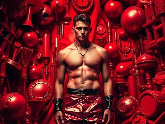 Un hombre desnudo en medio de un uracan de objetos magicos, hermeticos y cotidianos