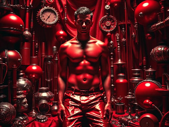 Un hombre desnudo en medio de un uracan de objetos magicos, hermeticos y cotidianos