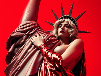 Tall, blonde curvy nude giant hugging the statue of liberty
