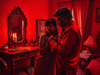{a dimly lit|a shadow-drenched|a candle-flickering} {bedroom|guest room|private study} where Dheeraj, a {weathered yet alluring|delicate but strong|soft-featured with restless eyes} {45-year-old maid|housemaid in her prime|careworn domestic worker} stands hesitantly near {a mahogany dresser|an antique vanity|a rumpled bed}, her {sari slightly loosened|faded cotton nightgown clinging|work-worn hands trembling} as Vijay, her {broad-shouldered|silver-haired|commanding yet gentle} {56-year-old landlord|unmarried property owner|wealthy recluse}, reaches out to {cup her face|trace her collarbone|pull her close}. The air is thick with {unspoken longing|years of pent-up desire|electric hesitation}, their {age-worn|calloused|desperate} fingers entwining as {a storm rages outside|the grandfather clock chimes midnight|a single tear slips down Dheeraj's cheek}. The scene pulses with {raw, forbidden passion|aching vulnerability|the weight of lifetimes unlived}, their bodies {pressed together in the half-light|collapsing onto tangled sheets|frozen in the moment before surrender}, surrounded by {discarded household items|scattered account ledgers|the faint scent of jasmine oil}. {Oil painting style|film noir lighting|hyperrealistic detail} captures every {wrinkle of tension|fleeting glance|shuddering breath}, as the {cold, dark night|relentless monsoon rain|silent house} bears witness to their {clandestine union|long-awaited release|irrevocable crossing of lines}.