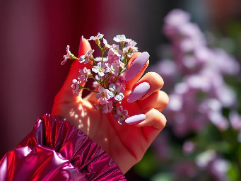 professional nail salon photo of feminine hand with almond gel nails painted in soft lavender pastel polish, glossy gel finish reflecting studio light, delicate hand pose holding small lilac flowers, spring inspired aesthetic, soft natural daylight, dreamy blurred background, shallow depth of field, luxury manicure photography, pinterest beauty inspiration style, ultra realistic macro detail, vertical 2:3