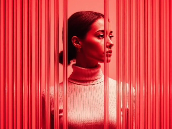 high resolution photography, front central profile, woman facing front, gaze to front, wearing a white turtleneck sweater, photographed entirely through thick vertically reeded architectural glass, vertical grooves running top to bottom across the entire frame, parallel vertical lines clearly visible, full-frame optical distortion dominating the image, acrylic glass in the foreground textured, realistic physical light refraction warping the profile of the face and upper body into vertical repetitions, subtle light softly radiating from the clothing and gently bleeding into the glass ridges, faint light scattering through the vertical grooves, low-key studio background in pale off-white tones, cool neutral lighting, restrained and minimal, realistic physics --ar 9:16 --raw --stylize 400