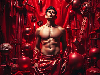 Un hombre desnudo en medio de un uracan de objetos magicos, hermeticos y cotidianos