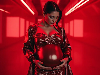 a beautiful pregnant woman using an elegant dress