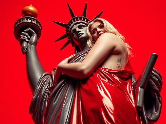 Tall, blonde curvy nude giant hugging the statue of liberty