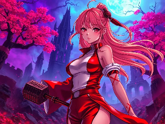 Breathtaking high-definition anime illustration of Nobara Kugisaki from Jujutsu Kaisen, standing in a vibrant, surreal horror wonderland. The background features crumbling gothic ruins illuminated by iridescent purple and neon teal mist, twisted trees with glowing crimson leaves. She wears her signature red and white outfit, her strawberry blonde hair flowing dramatically in the wind. Her large chest is highlighted by soft, cinematic backlighting casting rich, dramatic shadows. She wields a heavy metal hammer and long hairpins with metallic sheen. Her expressive eyes gaze directly at the viewer with intense emotion. The scene is a riot of color—deep crimsons, electric blues, and warm golds—creating a stunningly beautiful yet eerie atmosphere. Sharp focus on detailed anatomy, intricate textures, and high-contrast lighting, masterpiece quality, 8K, cinematic composition.