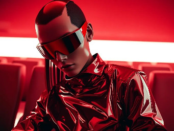 Monochrome red tones, glossy textures, sharp metallic fabrics, creating a futuristic, edgy aesthetic. Surreal props, bold, sleek, and edgy designs, bringing modern art to life with sharp contrasts.