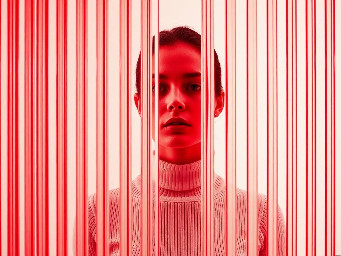 high resolution photography, front central profile, woman facing front, gaze to front, wearing a white turtleneck sweater, photographed entirely through thick vertically reeded architectural glass, vertical grooves running top to bottom across the entire frame, parallel vertical lines clearly visible, full-frame optical distortion dominating the image, acrylic glass in the foreground textured, realistic physical light refraction warping the profile of the face and upper body into vertical repetitions, subtle light softly radiating from the clothing and gently bleeding into the glass ridges, faint light scattering through the vertical grooves, low-key studio background in pale off-white tones, cool neutral lighting, restrained and minimal, realistic physics --ar 9:16 --raw --stylize 400
