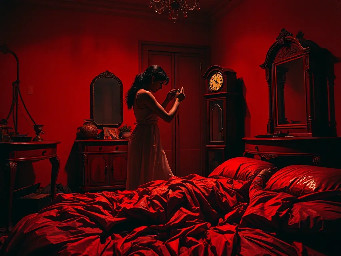 {a dimly lit|a shadow-drenched|a candle-flickering} {bedroom|guest room|private study} where Dheeraj, a {weathered yet alluring|delicate but strong|soft-featured with restless eyes} {45-year-old maid|housemaid in her prime|careworn domestic worker} stands hesitantly near {a mahogany dresser|an antique vanity|a rumpled bed}, her {sari slightly loosened|faded cotton nightgown clinging|work-worn hands trembling} as Vijay, her {broad-shouldered|silver-haired|commanding yet gentle} {56-year-old landlord|unmarried property owner|wealthy recluse}, reaches out to {cup her face|trace her collarbone|pull her close}. The air is thick with {unspoken longing|years of pent-up desire|electric hesitation}, their {age-worn|calloused|desperate} fingers entwining as {a storm rages outside|the grandfather clock chimes midnight|a single tear slips down Dheeraj's cheek}. The scene pulses with {raw, forbidden passion|aching vulnerability|the weight of lifetimes unlived}, their bodies {pressed together in the half-light|collapsing onto tangled sheets|frozen in the moment before surrender}, surrounded by {discarded household items|scattered account ledgers|the faint scent of jasmine oil}. {Oil painting style|film noir lighting|hyperrealistic detail} captures every {wrinkle of tension|fleeting glance|shuddering breath}, as the {cold, dark night|relentless monsoon rain|silent house} bears witness to their {clandestine union|long-awaited release|irrevocable crossing of lines}.