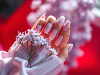 professional nail salon photo of feminine hand with almond gel nails painted in soft lavender pastel polish, glossy gel finish reflecting studio light, delicate hand pose holding small lilac flowers, spring inspired aesthetic, soft natural daylight, dreamy blurred background, shallow depth of field, luxury manicure photography, pinterest beauty inspiration style, ultra realistic macro detail, vertical 2:3