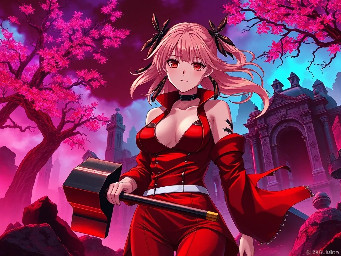 Breathtaking high-definition anime illustration of Nobara Kugisaki from Jujutsu Kaisen, standing in a vibrant, surreal horror wonderland. The background features crumbling gothic ruins illuminated by iridescent purple and neon teal mist, twisted trees with glowing crimson leaves. She wears her signature red and white outfit, her strawberry blonde hair flowing dramatically in the wind. Her large chest is highlighted by soft, cinematic backlighting casting rich, dramatic shadows. She wields a heavy metal hammer and long hairpins with metallic sheen. Her expressive eyes gaze directly at the viewer with intense emotion. The scene is a riot of color—deep crimsons, electric blues, and warm golds—creating a stunningly beautiful yet eerie atmosphere. Sharp focus on detailed anatomy, intricate textures, and high-contrast lighting, masterpiece quality, 8K, cinematic composition.