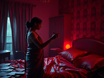 {a dimly lit|a shadow-drenched|a candle-flickering} {bedroom|guest room|private study} where Dheeraj, a {weathered yet alluring|delicate but strong|soft-featured with restless eyes} {45-year-old maid|housemaid in her prime|careworn domestic worker} stands hesitantly near {a mahogany dresser|an antique vanity|a rumpled bed}, her {sari slightly loosened|faded cotton nightgown clinging|work-worn hands trembling} as Vijay, her {broad-shouldered|silver-haired|commanding yet gentle} {56-year-old landlord|unmarried property owner|wealthy recluse}, reaches out to {cup her face|trace her collarbone|pull her close}. The air is thick with {unspoken longing|years of pent-up desire|electric hesitation}, their {age-worn|calloused|desperate} fingers entwining as {a storm rages outside|the grandfather clock chimes midnight|a single tear slips down Dheeraj's cheek}. The scene pulses with {raw, forbidden passion|aching vulnerability|the weight of lifetimes unlived}, their bodies {pressed together in the half-light|collapsing onto tangled sheets|frozen in the moment before surrender}, surrounded by {discarded household items|scattered account ledgers|the faint scent of jasmine oil}. {Oil painting style|film noir lighting|hyperrealistic detail} captures every {wrinkle of tension|fleeting glance|shuddering breath}, as the {cold, dark night|relentless monsoon rain|silent house} bears witness to their {clandestine union|long-awaited release|irrevocable crossing of lines}.