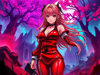 Breathtaking high-definition anime illustration of Nobara Kugisaki from Jujutsu Kaisen, standing in a vibrant, surreal horror wonderland. The background features crumbling gothic ruins illuminated by iridescent purple and neon teal mist, twisted trees with glowing crimson leaves. She wears her signature red and white outfit, her strawberry blonde hair flowing dramatically in the wind. Her large chest is highlighted by soft, cinematic backlighting casting rich, dramatic shadows. She wields a heavy metal hammer and long hairpins with metallic sheen. Her expressive eyes gaze directly at the viewer with intense emotion. The scene is a riot of color—deep crimsons, electric blues, and warm golds—creating a stunningly beautiful yet eerie atmosphere. Sharp focus on detailed anatomy, intricate textures, and high-contrast lighting, masterpiece quality, 8K, cinematic composition.