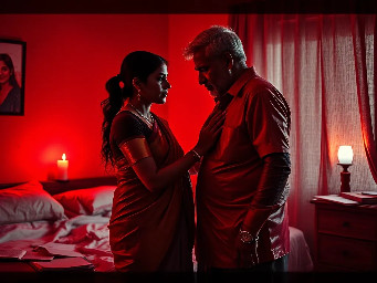 {a dimly lit|a shadow-drenched|a candle-flickering} {bedroom|guest room|private study} where Dheeraj, a {weathered yet alluring|delicate but strong|soft-featured with restless eyes} {45-year-old maid|housemaid in her prime|careworn domestic worker} stands hesitantly near {a mahogany dresser|an antique vanity|a rumpled bed}, her {sari slightly loosened|faded cotton nightgown clinging|work-worn hands trembling} as Vijay, her {broad-shouldered|silver-haired|commanding yet gentle} {56-year-old landlord|unmarried property owner|wealthy recluse}, reaches out to {cup her face|trace her collarbone|pull her close}. The air is thick with {unspoken longing|years of pent-up desire|electric hesitation}, their {age-worn|calloused|desperate} fingers entwining as {a storm rages outside|the grandfather clock chimes midnight|a single tear slips down Dheeraj's cheek}. The scene pulses with {raw, forbidden passion|aching vulnerability|the weight of lifetimes unlived}, their bodies {pressed together in the half-light|collapsing onto tangled sheets|frozen in the moment before surrender}, surrounded by {discarded household items|scattered account ledgers|the faint scent of jasmine oil}. {Oil painting style|film noir lighting|hyperrealistic detail} captures every {wrinkle of tension|fleeting glance|shuddering breath}, as the {cold, dark night|relentless monsoon rain|silent house} bears witness to their {clandestine union|long-awaited release|irrevocable crossing of lines}.