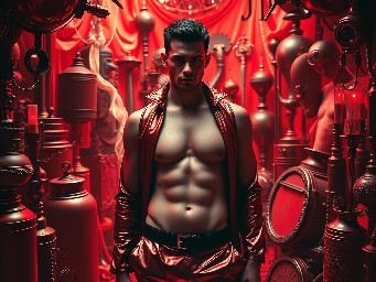 Un hombre desnudo en medio de un uracan de objetos magicos, hermeticos y cotidianos