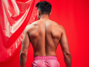 Cute 20 years old guy wearing a pink boxer, seen from behind