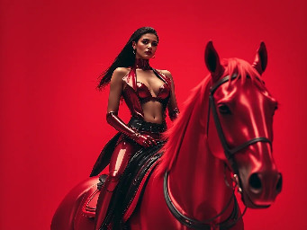 Female riding horse with no shirt
