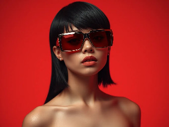 Una joven de contextura delgada y tez clara. Tiene cabello negro de longitud media, peinado con un flequillo (pollina) recto sobre la frente y el resto suelto con ondas ligeras sobre los hombros. Sus rasgos faciales incluyen cejas definidas y una nariz pequeña. Sus ojos están cubiertos por gafas de montura grande y rectangular en color plateado o metálico. Al sonreír ligeramente, se aprecian mejillas sutiles y labios pintados con un labial de tono nude mate. También se puede observar que lleva un pequeño "piercing" o aro en la nariz (nariguera) en su fosa nasal izquierda. desnuda