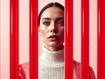 high resolution photography, front central profile, woman facing front, gaze to front, wearing a white turtleneck sweater, photographed entirely through thick vertically reeded architectural glass, vertical grooves running top to bottom across the entire frame, parallel vertical lines clearly visible, full-frame optical distortion dominating the image, acrylic glass in the foreground textured, realistic physical light refraction warping the profile of the face and upper body into vertical repetitions, subtle light softly radiating from the clothing and gently bleeding into the glass ridges, faint light scattering through the vertical grooves, low-key studio background in pale off-white tones, cool neutral lighting, restrained and minimal, realistic physics --ar 9:16 --raw --stylize 400