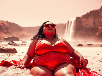 Beautiful chubby girl sunbathing alone on the beach, waterfall in the background